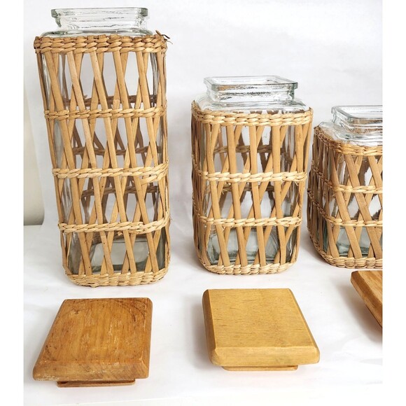 Lidded Seagrass Glass Wicker Boho Retro Square Storage Jar Vintage Set of 4 - Picture 3 of 14